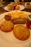  Nuremberger sausages, Frikadelle (German Meatball), hashbrowned potatoes, and scrambled eggs