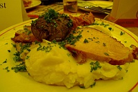  Schlactplatte (butcher's plate) - Pork, bacon, black pudding, smoked pork, sauerkraut and mashed potatoes at Peters Brauhaus, Cologne