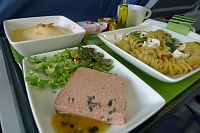  Mushroom pate and chicory; fusilli pasta with asparagus, goat's cheese and pine nuts; and pear gratin