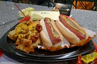  Hot dogs with mustard and chili cheese fries at Nathan's Hot Dogs