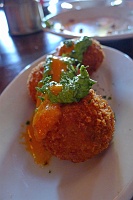  Croquetas de Pollo at Mi Luna - Chicken and saffron rice croquettes with basil pesto and roasted red pepper sauce