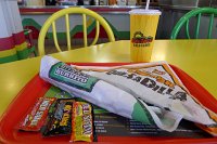  Bean burrito with green sauce and cheddar quesadilla at Del Taco