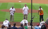  Jimmy Wynn, Larry Dierker, and Jose Cruz throw ceremonial first pitches in unison.