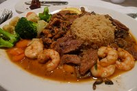  Sliced duc and shrimp in wine sauce with rice and assorted vegetables, K-Paul's Louisiana Kitchen
