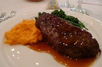  Beef, sweet potato puree, and broccolini