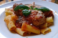  Ragu del Macellaio at Il Cortile in Little italy: Red sauce over rigatoni with pork, meatballs, bracciole, and sausage