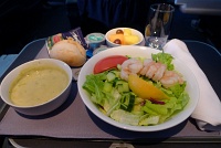  Shrimp salad with caesar dressing, asparagus soup, roll, and fresh fruit