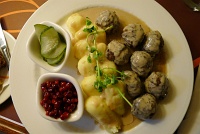  Sheraton Stockholm Room Service: Swedish meatballs with mashed potatoes, gravy, lingonberries, and Swedish pickles