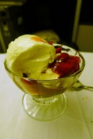  Ice cream with strawberry and hot fudge topping