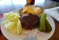  Meatball with rice, potato salad, pickles, and bread with Bavarian cream cheese spread
