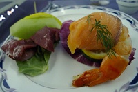  Salmon-wrapped jumbo shrimp with air-dried beef and melon