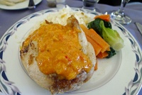  Breast of chicken with coconut-chile sauce, basmati rice with lentils, carrots, and baby bok choy