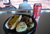  Chili cheese dog, pasta with beef tips, and biscuit with Coca-Cola