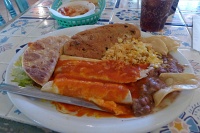  Combination plate (tamale, rolled enchilada, taco, rice, and beans) with red chili at Frank and Lupe's El Sombrero in Socorro, NM