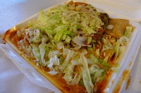  Mexican Plate (Tamale, Taco, Enchilada, Rice, Refried Beans, Red Chile Chorizo, and Spare Rib) at El Modelo Mexican Foods