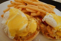  Room service at Hotel Galvez: Shrimp Benedicts with sauteed rock shrimp, poached egg, avocado and sliced tomato-hollandaise