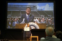  Shirley Ann Jackson, MIT '68/'73, theoretical physicist, President of Renssalaer Polytechnic Institute (photo of JFK's moon speech at Rice)