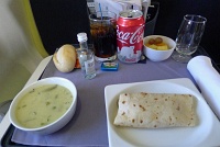  Chipotle Beef Wrap, Asparagus Soup, Dinner Roll and Fruit Salad - United Airlines First Class Lunch