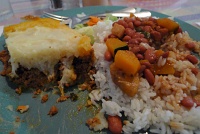  Beef and potato casserole with rice and beans at Mojito's