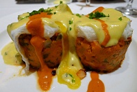  Spicy Chicken and Sweet Potato Hash with Poached Eggs and Green Chile Hollandaise at Mesa Grill