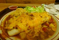  Frontier Burrito at Frontier Restaurant: beef, beans, green chile inside, green chile stew & cheese on top, w/rice & flour tortilla