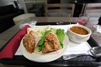  Oven-roasted turkey with apple wood bacon, swiss cheese, lettuse and tomatoes on toasted 7-grain cranberry bread with pork green chili and warm tortillas at Embassy Suites Denver - Aurora