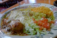  Chile Verde Burrito with Crispy Chile Relleno, rice and beans at Pueblo Viejo Mexican Restaurant, Colorado Springs
