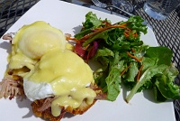  SALT Benedict (bacon apple bread pudding, Tender Belly pork belly, poached eggs, and hollandaise sauce) at SALT the Bistro, Boulder, CO