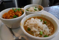  Bayou Platter Sampler at Felix's: Red beans, jambalaya, and etoufee
