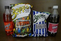  Barq's Red Creme Soda, Zapp's Voodo potato chips, Zapp's Sour Cream and Creole Onion potato chips, and Delaware Punch