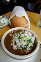  Seafood okra gumbo at Gumbo Shop: Okra, onion, bell peppers, celery and a tiny bit of tomato sautéed and blended
with shrimp and crabs into a thick brown Creole soup - served over rice