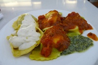  Egg and spinach agnolotti and mushroom ravioli with alfredo and marinara sauces and pesto at Maple Leaf Lounge, Toronto