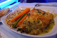  Sauteed atlantic salmon offered with lemon and scallion sauce, a grain medley of wheat berries, long grain rice and acini de pepe pasta, french beans and baby carrots - Executive First Class, Air Canada A330