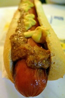  Currywurst sausage on a bun with two types of German mustard