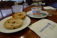  Breakfast at the United Club, IAH Terminal C: Toasted raisin bagel with stawberry jam, cream cheese, and raspberry yogurt