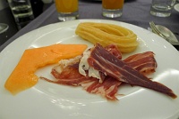 Hotel Gran Melia Colon breakfast buffet, Sevilla: cured ham with canteloupe and churro