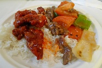  Tomato Beef (fresh tomato, green pepper, slices of beef cooked in tomato sauce) and Sweet and Sour Ribs atop rice - Cathay House, San Francisco