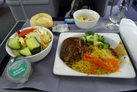  Beef short ribs with noodles and broccoli, salad, roll, and shrimp cocktail - United Airlines 767-300