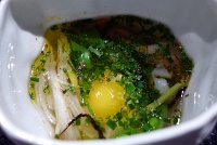  Les champignons: Wild mushrooms served in a bouillion with gingered leeks, quail egg
