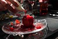  La framboise: Fresh raspberry surprise inside white chocolate sphere, yuzu ice cream