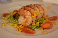  Bellagio room service: Shrimp cocktail with sweet corn vinaigrette, cocktail sauce, frisee, and marinated teardrop tomatoes