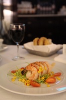  Bellagio room service: Shrimp cocktail with sweet corn vinaigrette, cocktail sauce, frisee, and marinated teardrop tomatoes