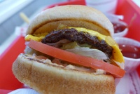  In n Out: Animal style cheeseburger (cheeseburger with hand-leafed lettuce, tomato, a mustard cooked beef patty, pickle, extra spread and grilled onions)
