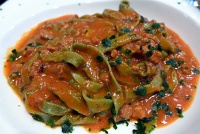  Tagliatelle verdi con ragu' di cinghiale aromatizzato alle erbi di campagna e scaglie di tartufo (Green tagliatelle in a wild boar ragu with fresh herb aroma topped with black truffle shavings) at Piccola Cucina Osteria, Downtown Manhattan