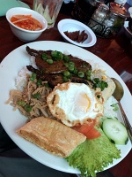  Rice plate with BBQ Pork, Shredded Pork, Egg Cake, Fish Sauce, and Chinese Sausage