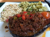  Beef-Stuffed Eggplant with Couscous and Pesto Bowtie Pasta Salad at Sultan Pepper, Memorial City