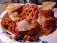  Veal Parmigiana, Lasagne with Meat Sauce, Spaghetti with Tomato Sauce, and Garlic Bread from Lasagna House III