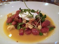  Red Beet Gnocchi (house pancetta, roasted cauliflower, house ricotta, peas, pecans, citrus beurre blanc) at Cafe Vino, Fort Collins, CO