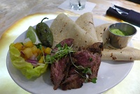  Flank Steak Soft Tacos with pineapple salsa and green sauce at Cat Cora's Kitchen, Houston Bush Intercontinental Airport