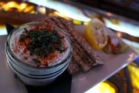  House Smoked Trout Dip (with crisp flat bread, pickled fresh summer vegetables, and charred lemon) at Cascades Restaurant, Estes Park, CO